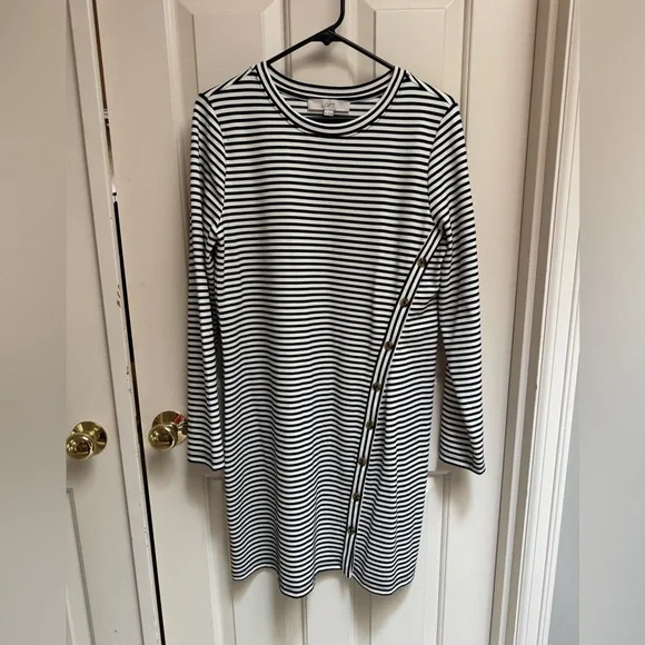 LOFT Navy and White Stripe Button Dress - Picture 2 of 6